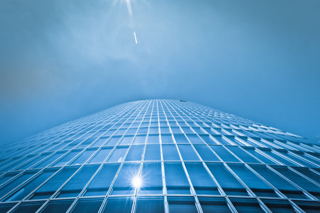 Blue skyscraper facade. office buildings. modern glass silhouettes of skyscrapers