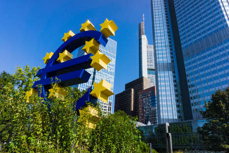 FRANKFURT AM MAIN, GERMANY, SEPTEMBER 11, 2015: Euro currency sign in downtown of Frankfurt near old headquarters of the European Central Bank or ECBのeditorial素材