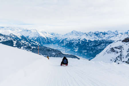 Winter in the swiss alps. sledding in winter.の写真素材