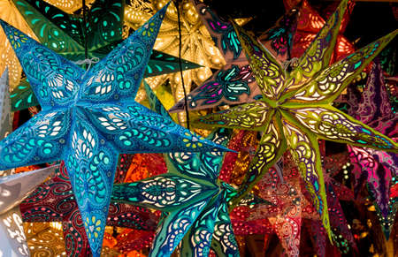 Colorful Christmas stars.  Christmas Market. Christmas decorationsの写真素材