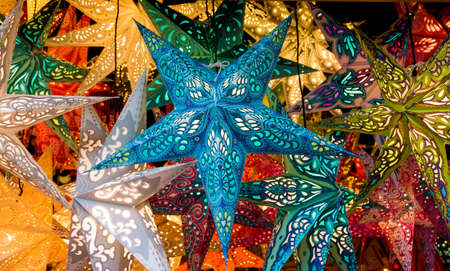 Colorful Christmas stars.  Christmas Market. Christmas decorationsの写真素材
