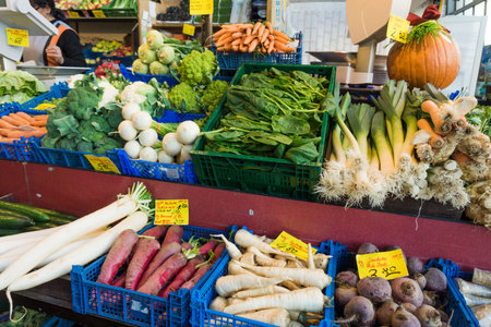 Fruits and vegetables at a farmers market.  Market stall with variety of organic vegetable