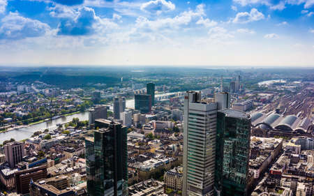 FRANKFURT AM MAIN, GERMANY - SEPTEMBER 20, 2015: Aerial view of the central business district from the observatory deck of the Mian towerのeditorial素材