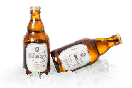DUSSELDORF, GERMANY - APRIL 08, 2016: Bitburger Beer on ice.  Bitburger brewery is a large German...