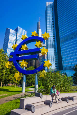 Frankfurt, Germany - SEPTEMBER 10 : Euro currency sign in downtown of Frankfurt near old headquarters of the European Central Bank or ECB. September 10, 2015 in Frankfurt, Germanyのeditorial素材