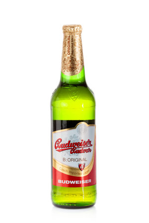 DUSSELDORF, GERMANY - APRIL 21, 2016: Budweiser lager beer isolated on white background. Budweiser...