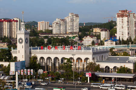 SOCHI, RUSSIA - MAY 14, 2016: The building of the railway station in Sochi, aerial view. It was built in 1952のeditorial素材