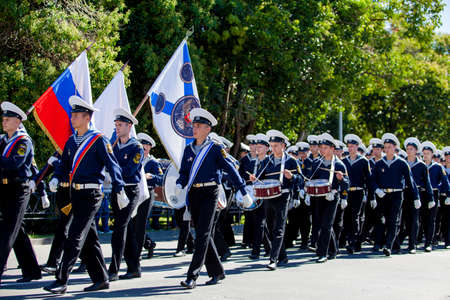 RUSSIA, SOCHI - SEPTEMBER 24, 2016 :SCF Black Sea Tall Ships Regatta 2016. Ship teams parade from sailing shipsのeditorial素材