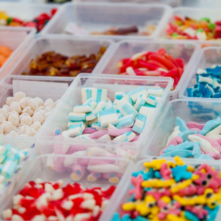 Assorted candy in a market. colorful candies and jelliesの写真素材