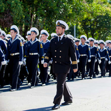 RUSSIA, SOCHI - SEPTEMBER 24, 2016 :SCF Black Sea Tall Ships Regatta 2016. Ship teams parade from sailing shipsのeditorial素材