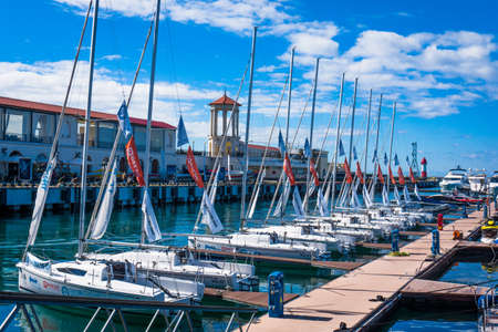 Sochi, Russia - September 29, 2016:  Racing yacht in the port of Sochi.  Marine station - station complex Port of Sochi.のeditorial素材