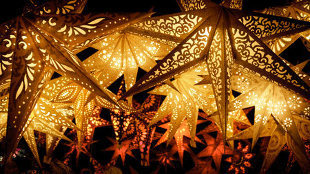 Beautiful christmas market stalls decorations. Colorful Christmas stars at a Christmas Market