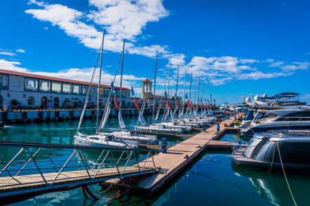 Sochi, Russia - September 29, 2016:  Racing yacht in the port of Sochi.  Marine station - station complex Port of Sochi.のeditorial素材
