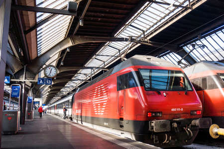 Zurich, Switzerland - 31 October, 2016: a locomotive at Zurich main railway station. Zurich main railway station is the largest railway station in Switzerland. The SBB CFF FFS train is stationed in Zurich Hauptbahnhof platformのeditorial素材
