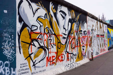 BERLIN, GERMANY - MARCH 20: Berlin Wall graffiti seen on March 22, 2015, Berlin, East Side Gallery. It's a 1.3 km long part of original Berlin Wall which collapsed in 1989のeditorial素材