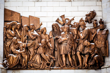 Fragment of external furniture of a Christian temple of the Christ of the Savior in Moscow. Statues...