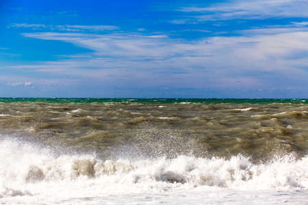 View of storm seascape.  Sea background. Waves.  waves crashing on shoreの写真素材