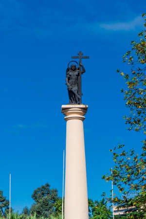 A monument Saint Michael the Archangel costs with a sword and a cross on Alexander Column. Sochi, Russiaの写真素材