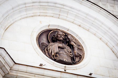Fragment of external furniture of a Christian temple of the Christ of the Savior in Moscow. Statues of Moscow Christ the Savior (Saviour) Cathedralの写真素材