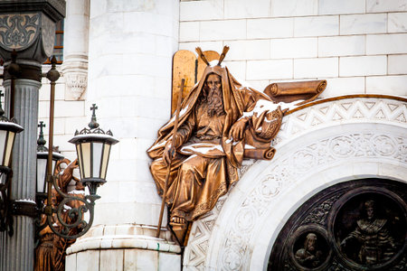 Fragment of external furniture of a Christian temple of the Christ of the Savior in Moscow. Statues of Moscow Christ the Savior (Saviour) Cathedralの写真素材