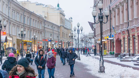 Moscow, Russia - November 12, 2016: Winter views of the Arbat street.  Arbat street is the famous tourist destination with many cafes and barsのeditorial素材