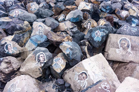 SANTA CRUZ DE TENERIFE, SPAIN - JANUARY 25, 2017: Musician faces in Santa Cruz de Tenerife, Spain. Portaits of  famous musicians were painted on rocks by artist Stoyko Gagamovのeditorial素材