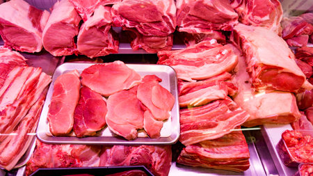 Different types of meat. Fresh raw red meat. meat market