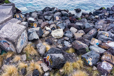 SANTA CRUZ DE TENERIFE, SPAIN - JANUARY 25, 2017: Musician faces in Santa Cruz de Tenerife, Spain. Portaits of  famous musicians were painted on rocks by artist Stoyko Gagamovのeditorial素材