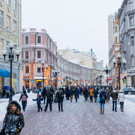 Moscow, Russia - November 12, 2016: Winter views of the Arbat street.  Arbat street is the famous tourist destination with many cafes and barsのeditorial素材