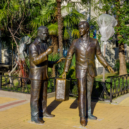 SOCHI, RUSSIA - JANUARY 30, 2016: A monument Papanov, Mironov, the Soviet cinema to heroes from the movie the "Diamond hand"のeditorial素材