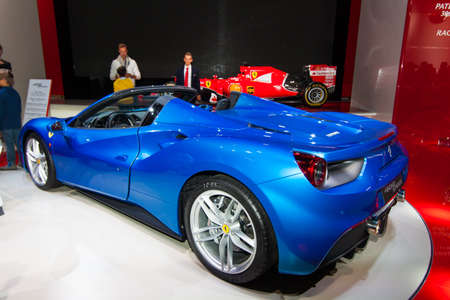 FRANKFURT, GERMANY - SEPTEMBER 23, 2015: Frankfurt international motor show (IAA) 2015. Ferrari 488 GTS Spider.のeditorial素材
