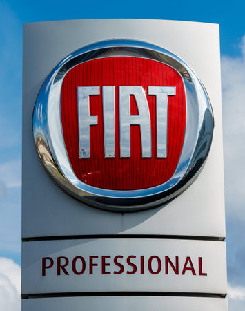 GERMANY, MOENCHENGLADBACH -APRIL 16, 2017: Logotype of Fiat corporation. Fiat company logo on dealership buildingのeditorial素材