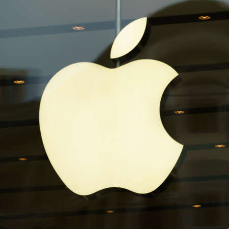 DUSSELDORF, GERMANY - APRIL  14, 2017: Apple sign on the Apple store in Dusseldorf. Apple is an American multinational technology company headquartered in Cupertino, Californiaのeditorial素材