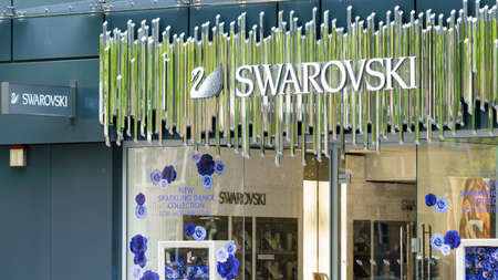 DUSSELDORF, GERMANY - APRIL  14, 2017: Swarovski store  in Dusseldorf, Germany. The Swarovski Crystal range includes home decoration objects, jewelry and couture, and chandeliersのeditorial素材
