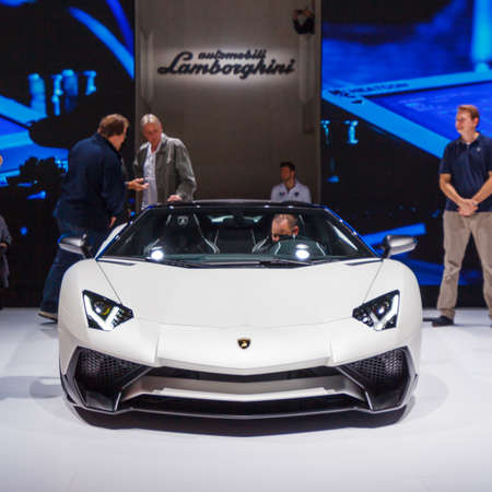 FRANKFURT, GERMANY - SEPTEMBER 23, 2015: Frankfurt international motor show (IAA) 2015. Lamborghini Huracanのeditorial素材