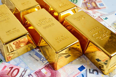 gold bar concept. Finance background with money. Euro Money. euro cash backgroundの写真素材