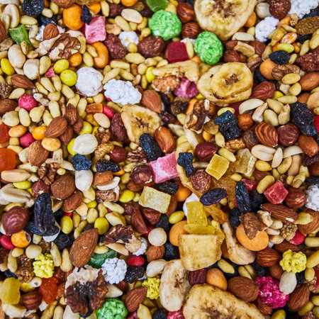 mix of  nuts and fruits. tropical trail mix. Nuts and candied fruits