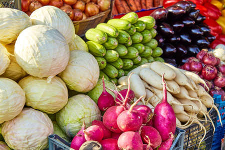 Fresh and organic vegetables at farmers marketの写真素材