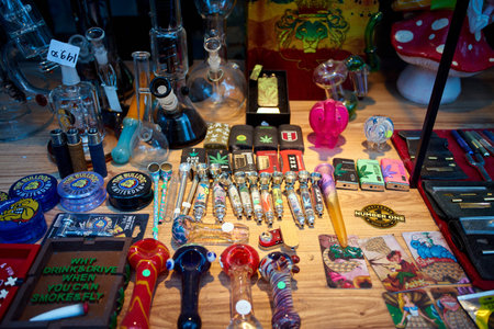 Amsterdam, Netherlands - September 05, 2017: Window of a coffee shop displays. Smartshop. ...