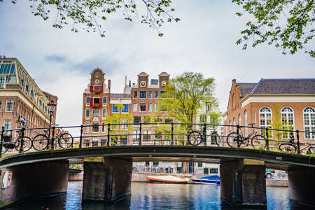 Amsterdam, the Netherlands, September 5, 2017 :typical dutch houses and houseboats. Amsterdam, Holland, Netherlandsのeditorial素材