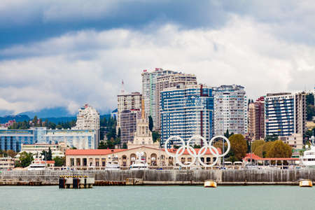 Sochi, Russia, SEPTEMBER 21, 2016: sea port and boats and yachts at the pier in Sochi,Russiaのeditorial素材