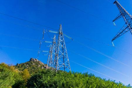 High voltage post. High power electricity poles