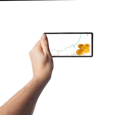 smartphone with a bitcoin in the hand