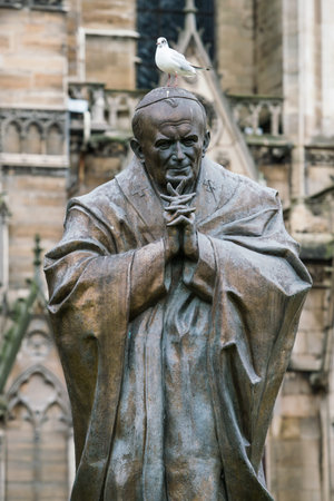 PARIS, FRANCE - February 15, 2018 :Bronze statue of John Paul II. made by Zurab Tsereteli near the...
