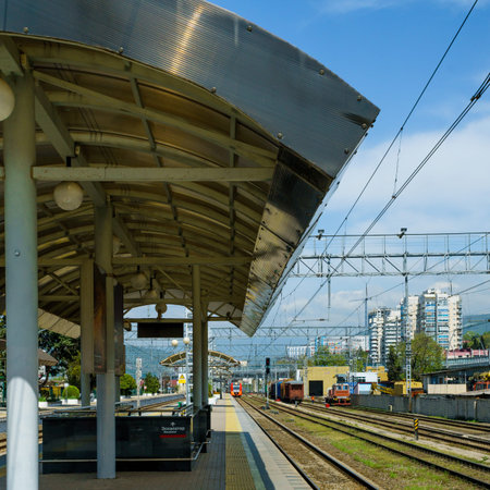 Sochi,  Russia - April 17.2018: high-speed train on the railway station of Sochi. electric train LASTOCHKA in Sochiのeditorial素材