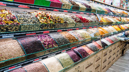 Tea shop. Colorful counter with teaの写真素材