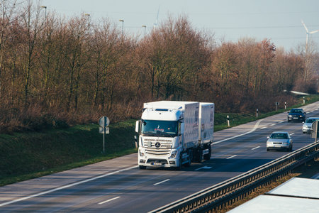 MOENCHENGLADBACH ,GERMANY - FEBRUARY  07, 2018: Traffic on a German highway. Cars driving on the...