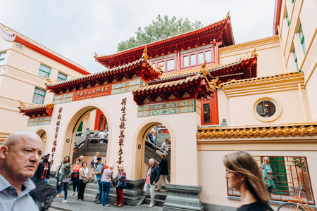 Amsterdam, Netherlands - September 5, 2017: Outdoor view of the facade of He Hua Temple main...