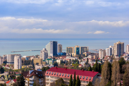 Sochi, Russia - 30 January, 2016 - Top view of the  city of Sochi with  modern houses and the seaのeditorial素材