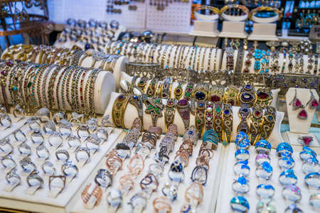 Stall selling silver jewelry  in the Istanbul bazaar in Turkeyの写真素材